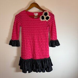 BONNIE JEAN Girls Size 10 Scrunchie Pink w/Black Style 3D Flower Pull-Over Dress